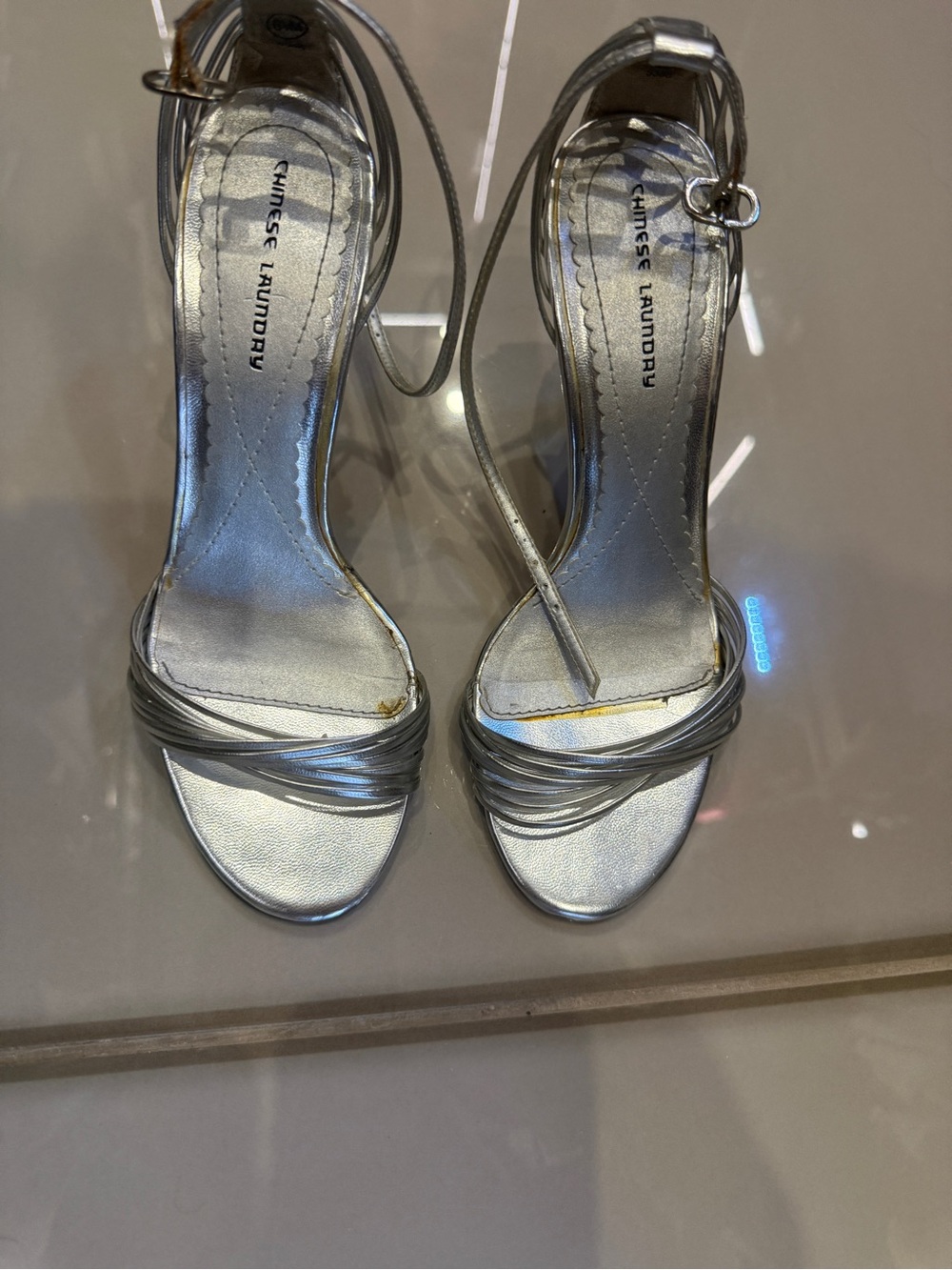 Chinese Laundry Metallic Silver Strappy Ankle-Tie Heels